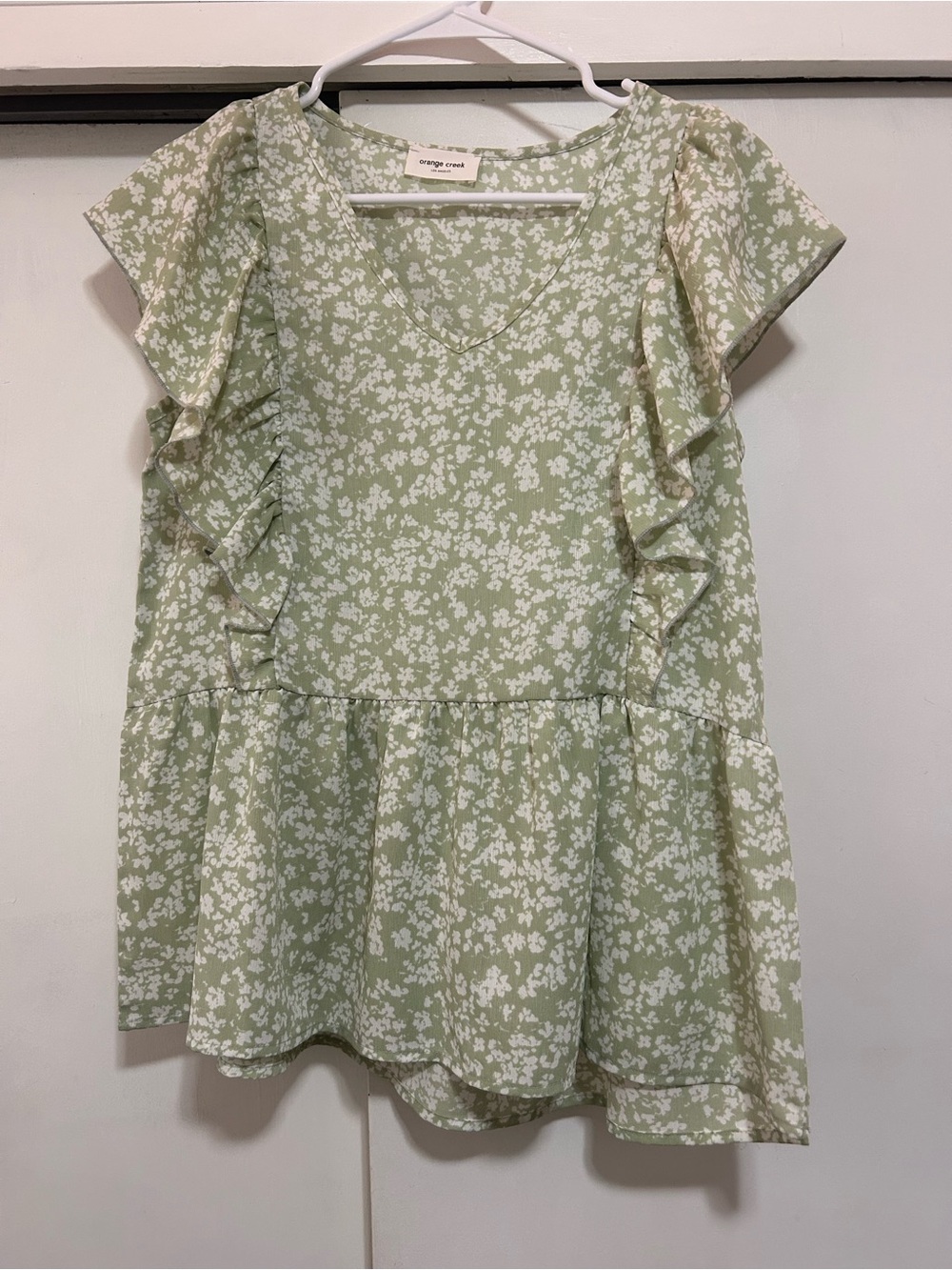 orange creek Light Green Floral Ruffle Top